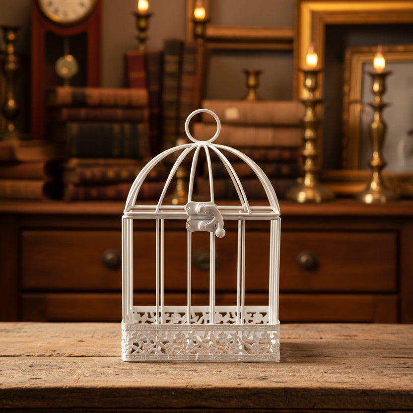 White decorative bird cage on a green fabric background