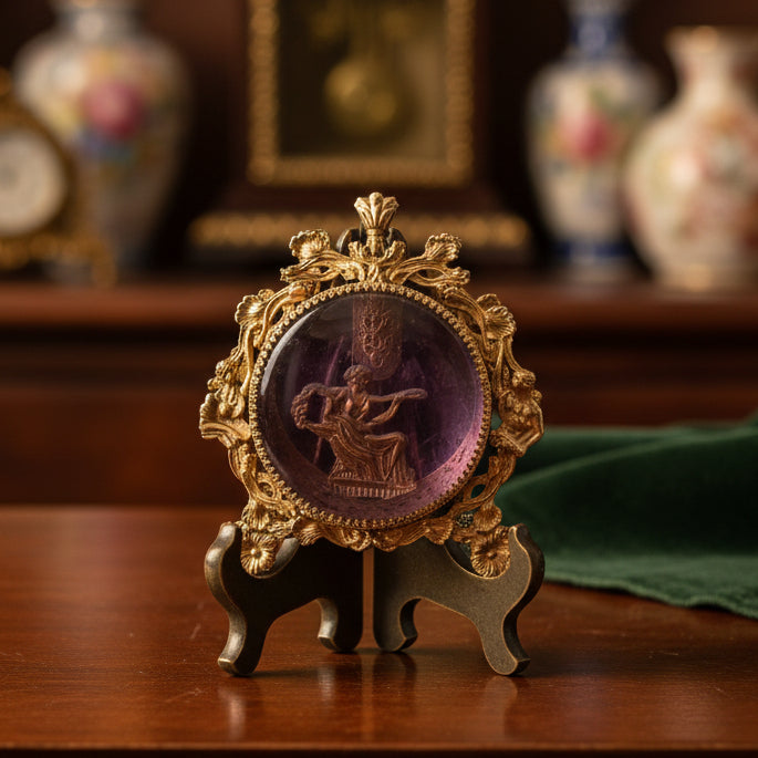 Decorative item with intricate design on a green fabric background