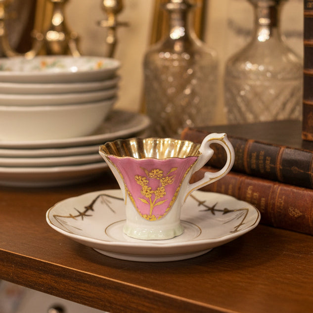 Teacup and saucer with pink interior on a green fabric background
