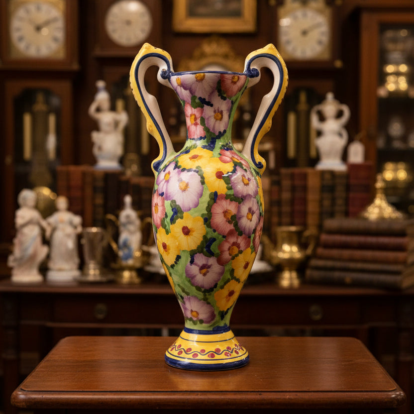 Decorative vase with floral design on a green fabric-covered surface