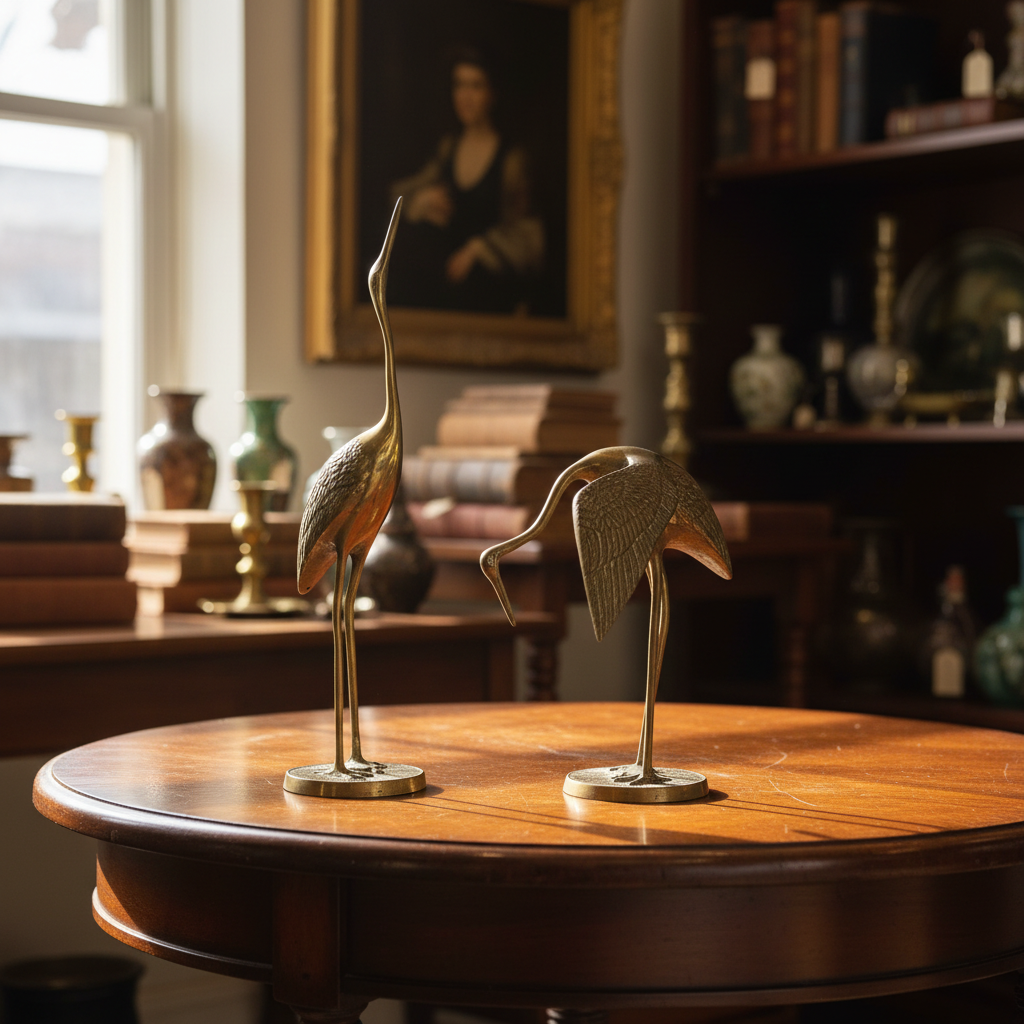 Vintage Solid Brass Crane Pair