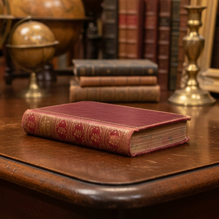 A small vintage hardcover book with a deep magenta-pink cover and gold decorative tooling on the spine, resting on a draped dark gray fabric background.