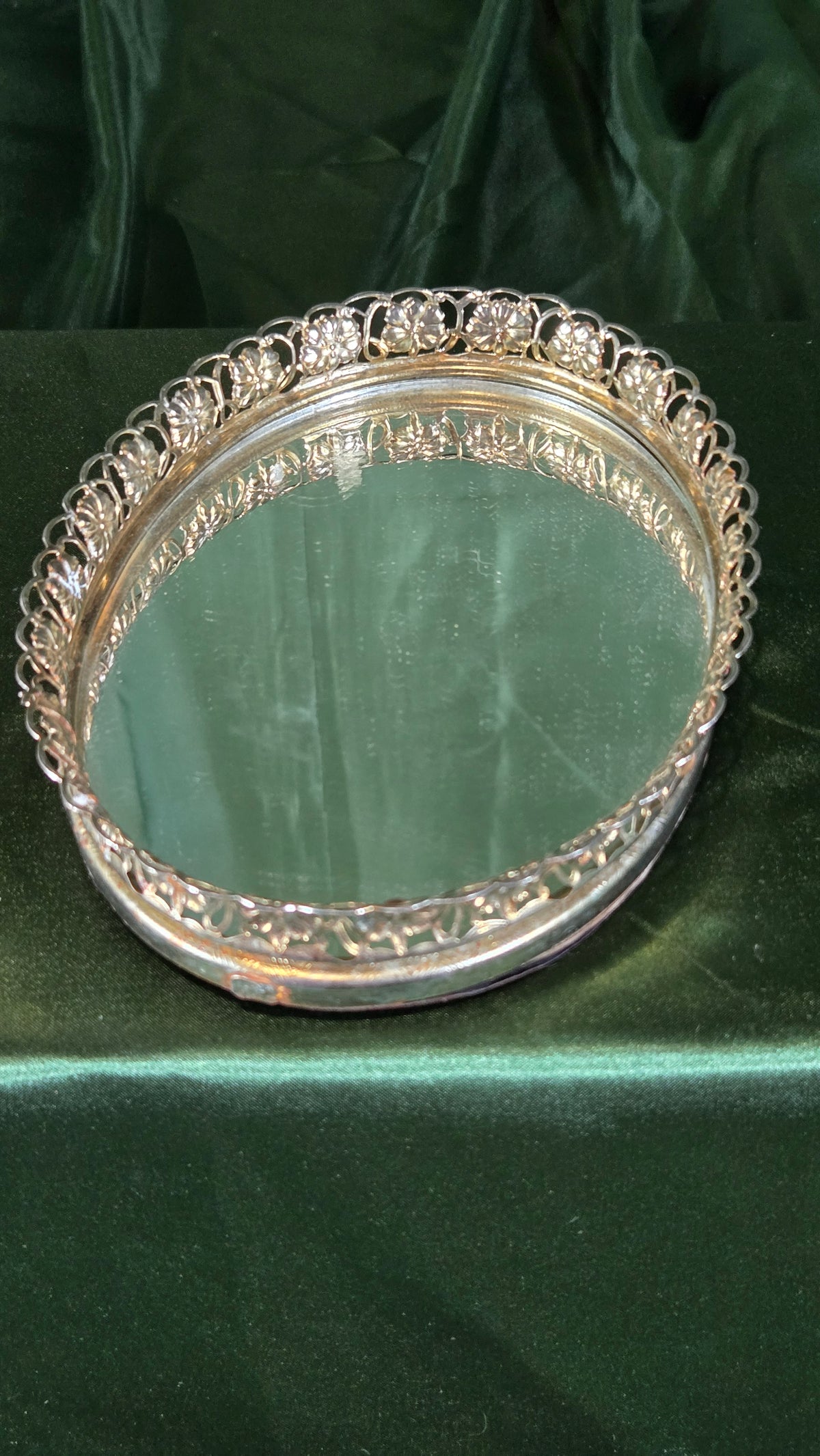 Vintage Brass Filigree Mirrored Vanity Tray