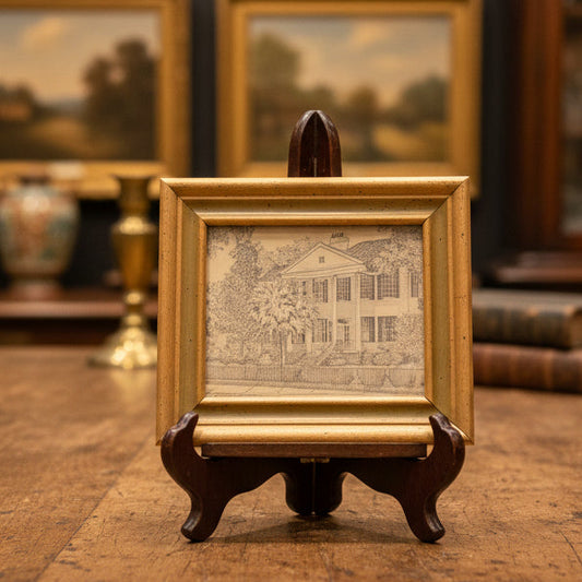 Small framed artwork on a wooden table with a blurred background of framed pictures and a cabinet.