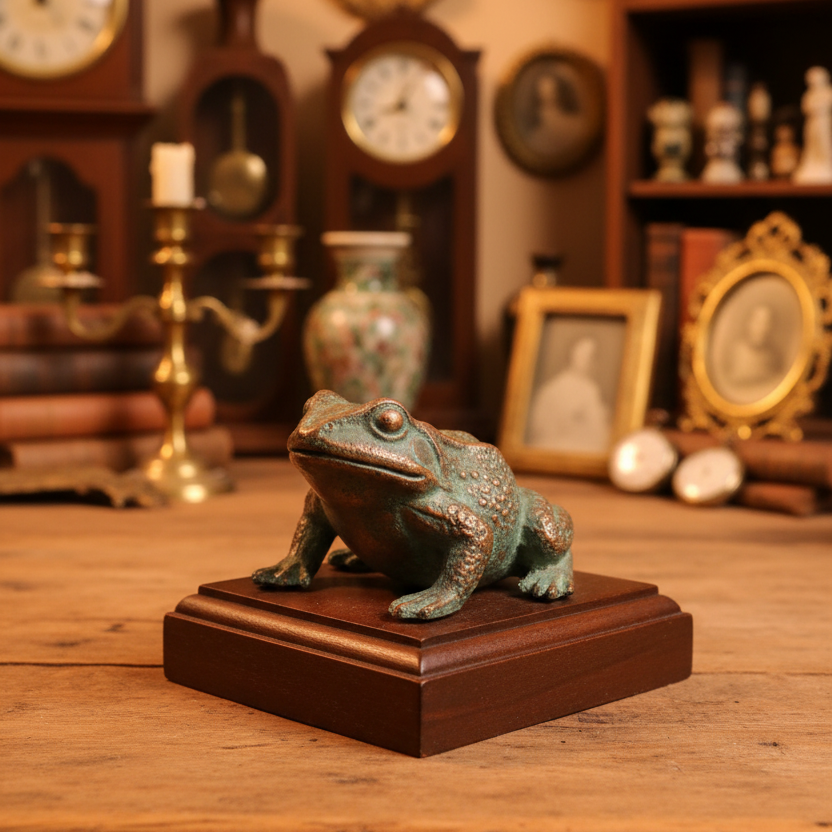 Bronze frog figurine on a green textured surface