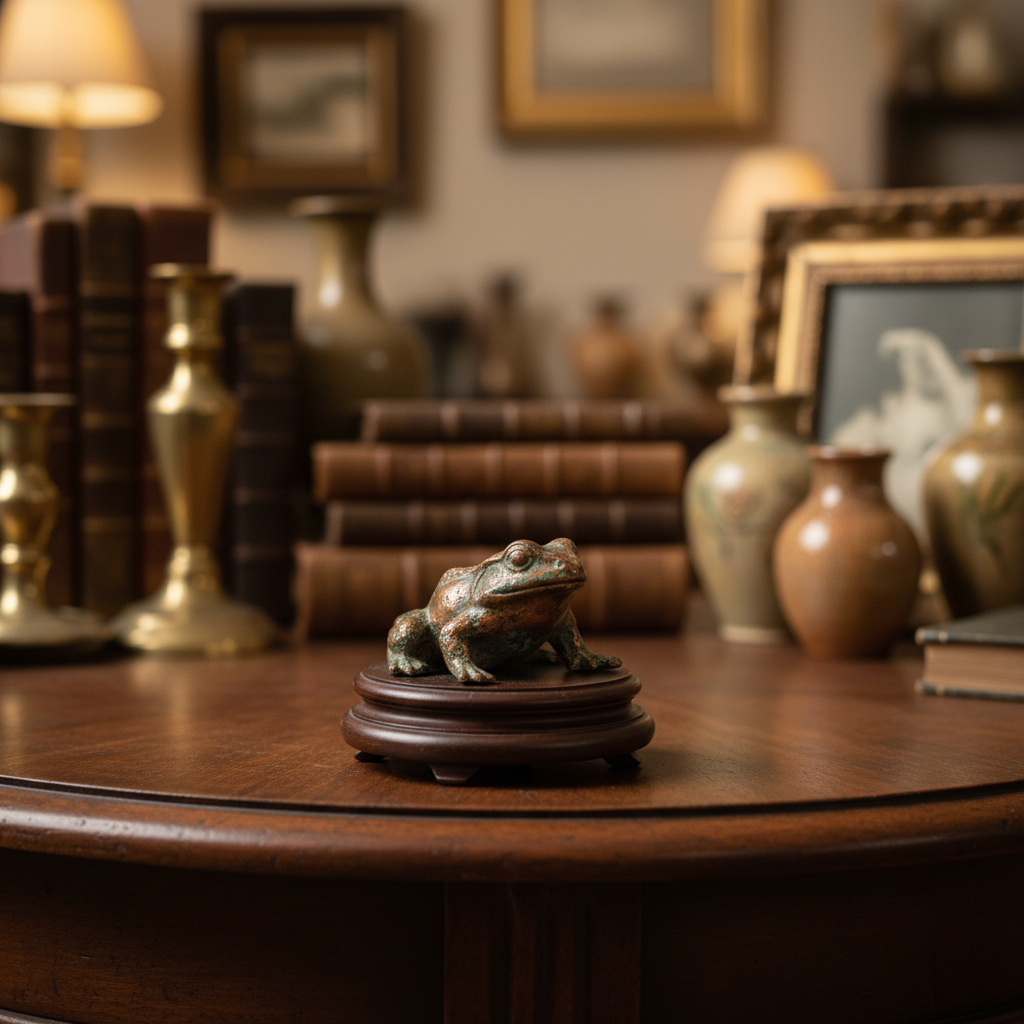 Bronze frog figurine on a green textured surface