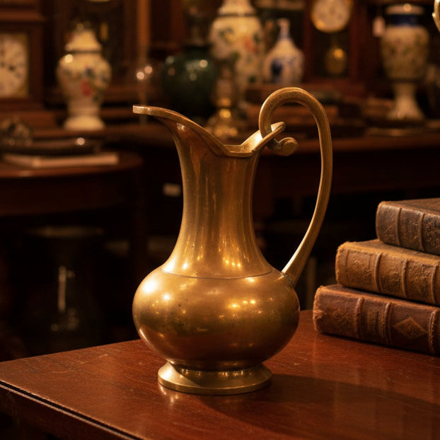 Bronze pitcher on a green fabric background