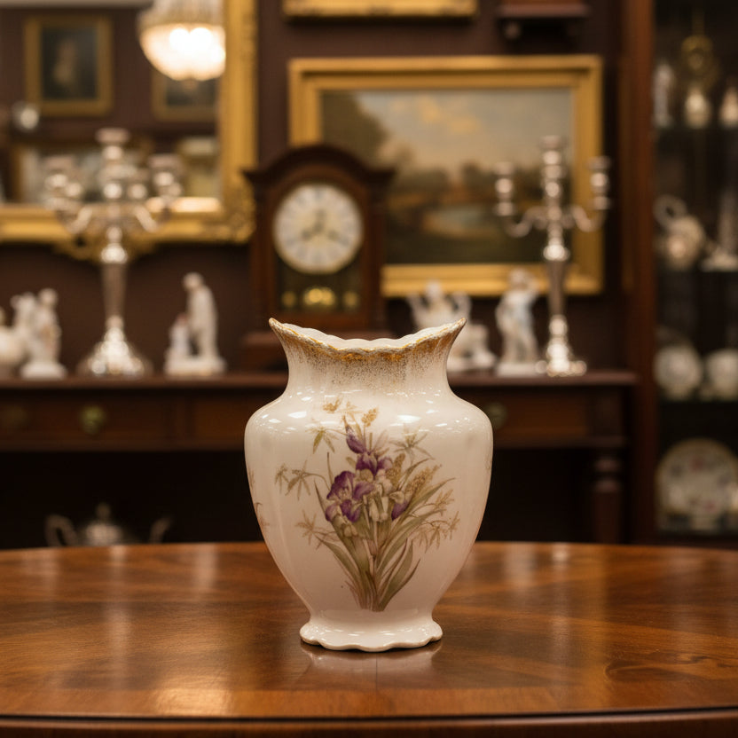 Decorative vase with floral design on a green fabric background