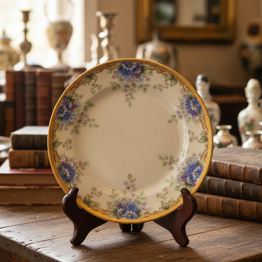 Decorative plate with floral pattern on a green fabric background