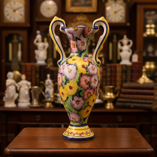 Decorative vase with floral design on a green fabric-covered surface