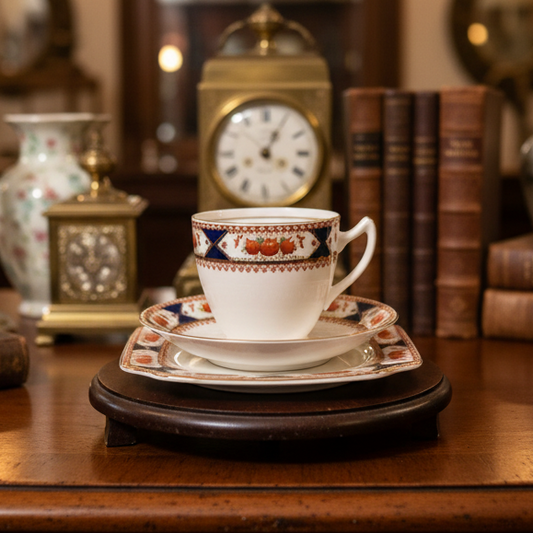 Vintage teacup and saucer on a wooden table with decorative items in the background
