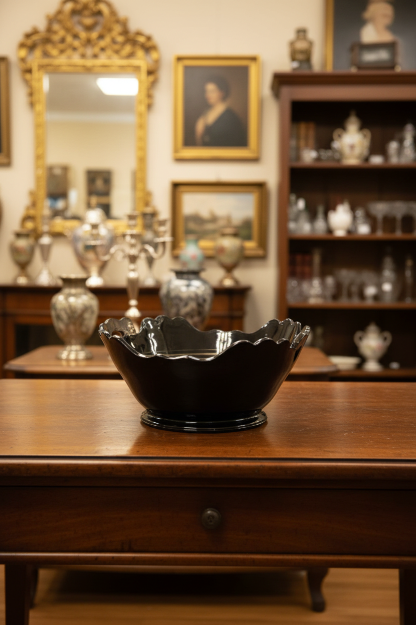 Black glass bowl on a textured surface with a blurred background