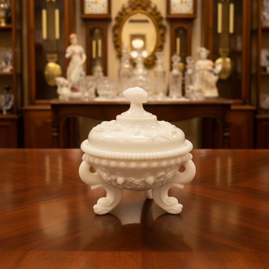 Small decorative white ceramic jar with a lid on a textured surface