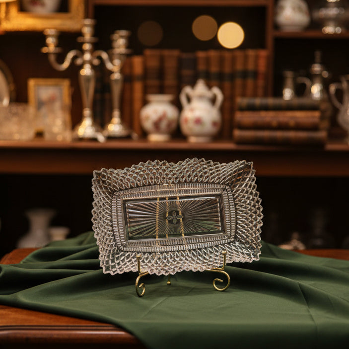 Decorative glass dish on a green fabric background