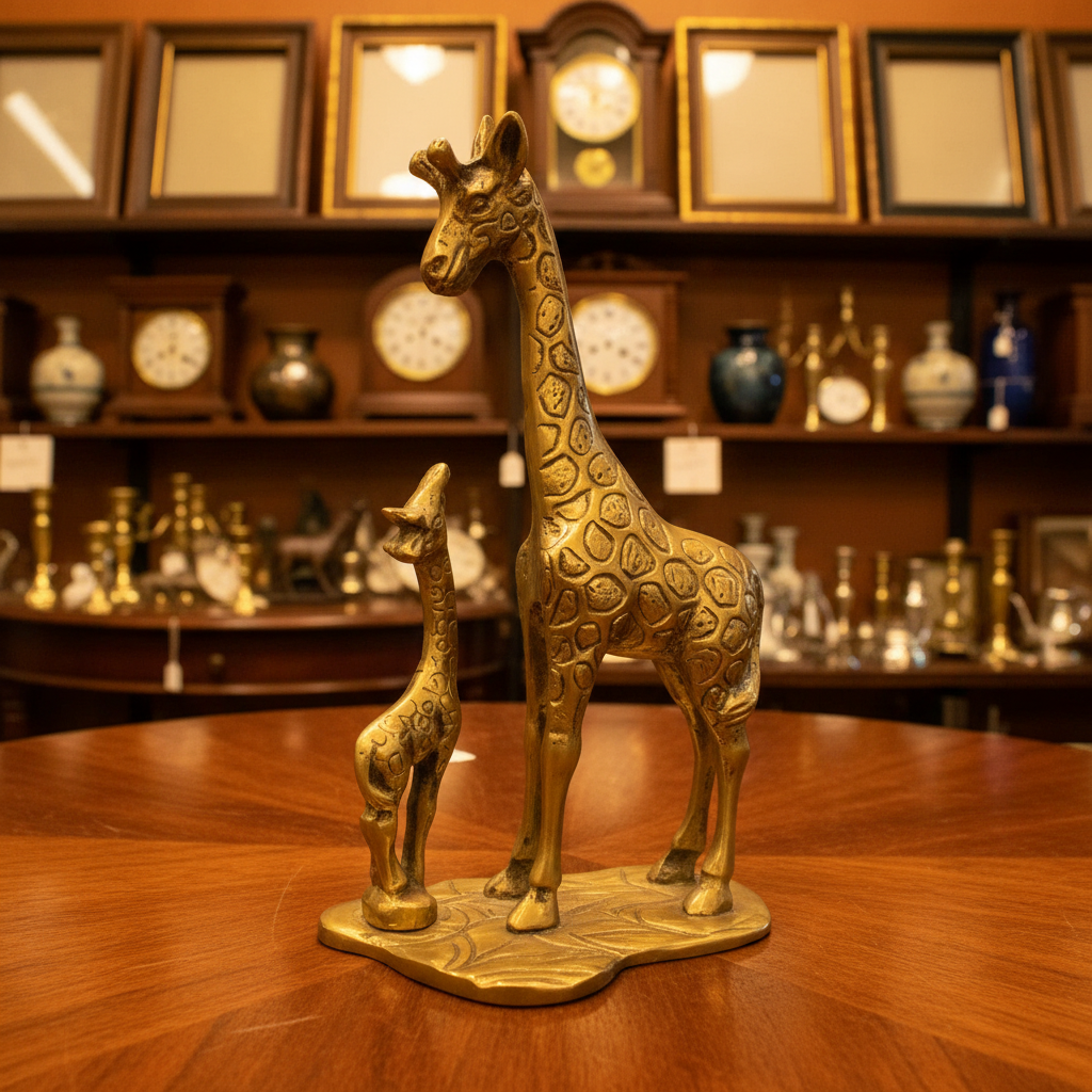 Gold giraffe figurine on a marble surface with a blurred background