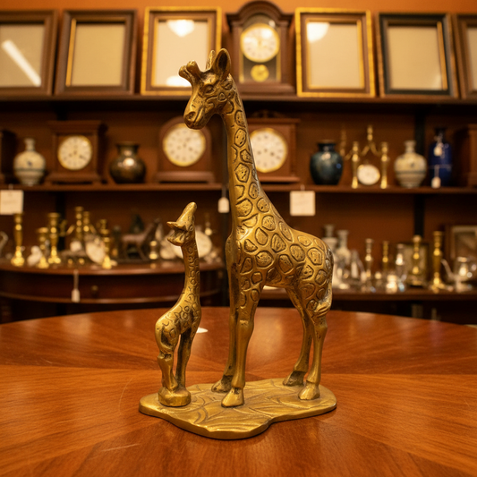 Gold giraffe figurine on a marble surface with a blurred background