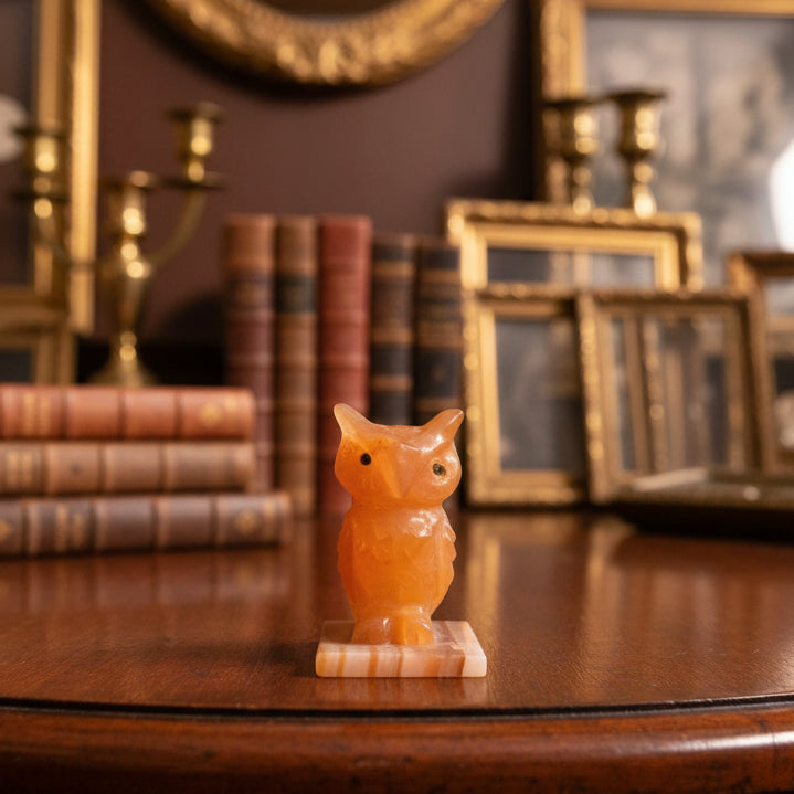 Small orange figurine on a green fabric background