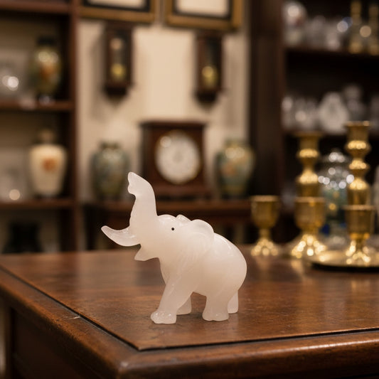 White elephant figurine on a dark green fabric background