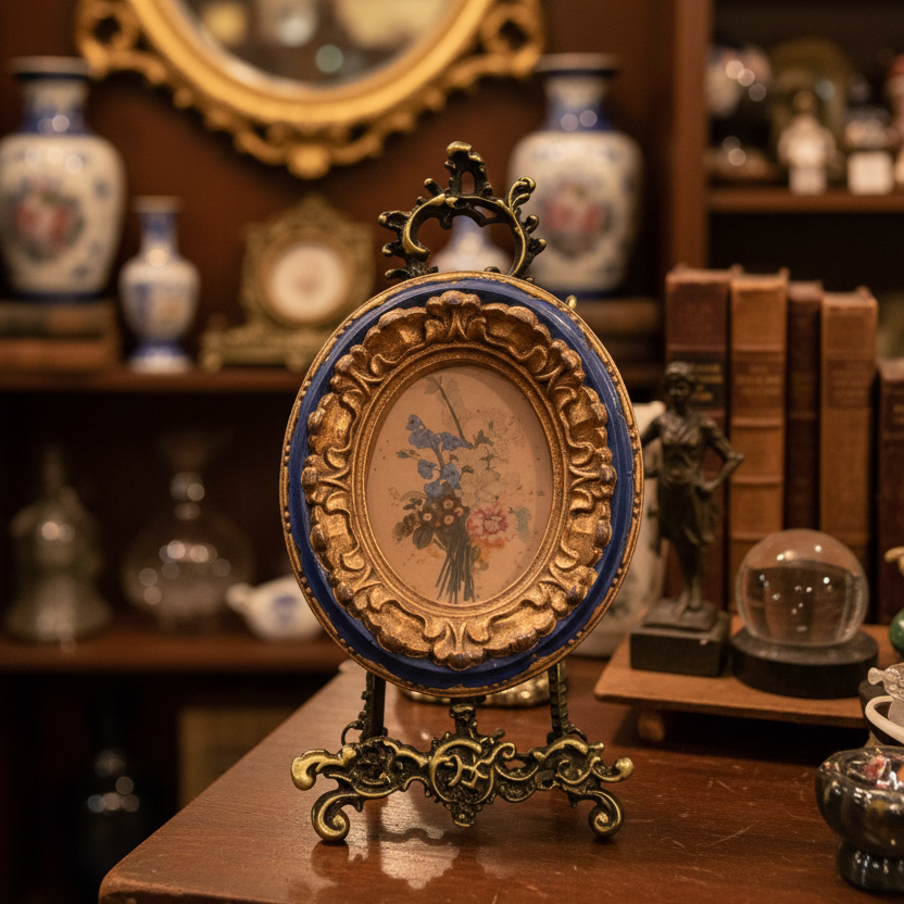 Decorative frame with a small painting on a wooden surface, surrounded by books and decorative items.