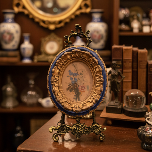 Decorative frame with a small painting on a wooden surface, surrounded by books and decorative items.