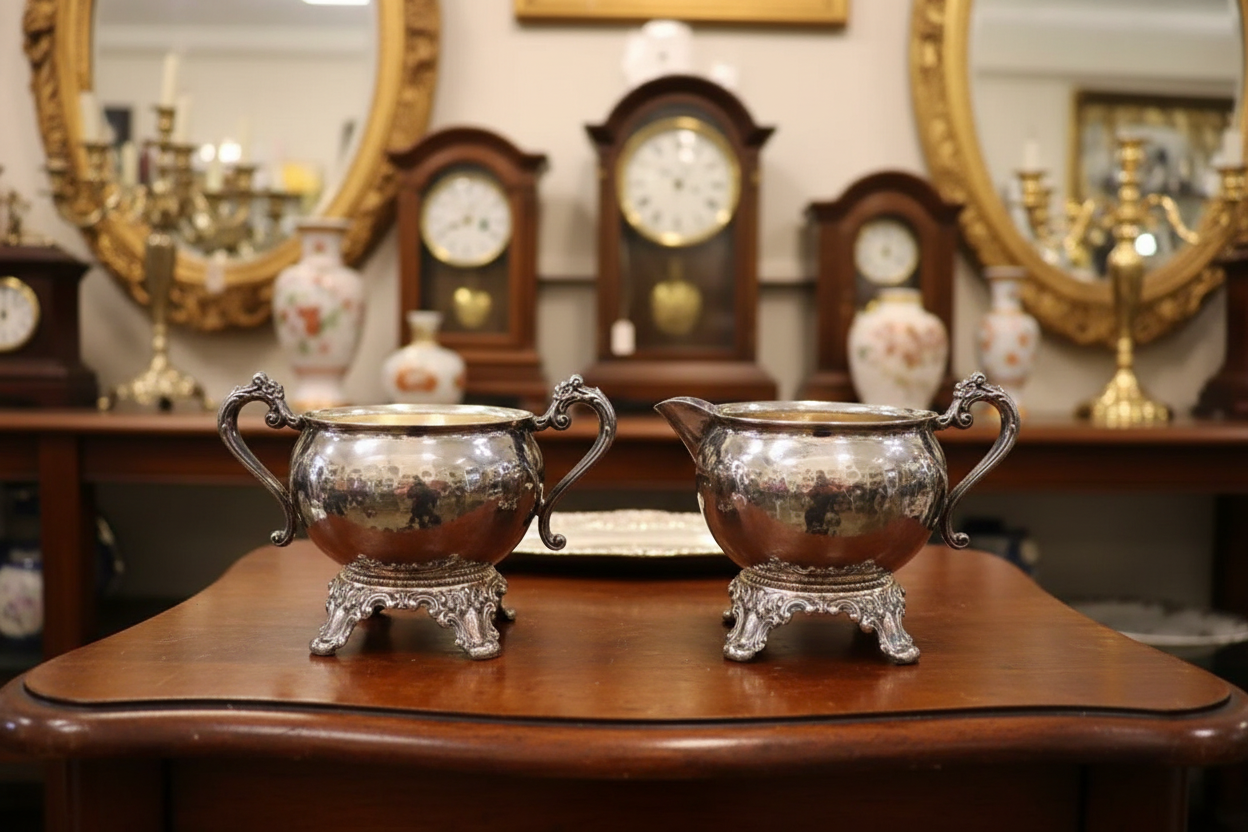 Two silver urns on a wooden table with decorative mirrors and clocks in the background.