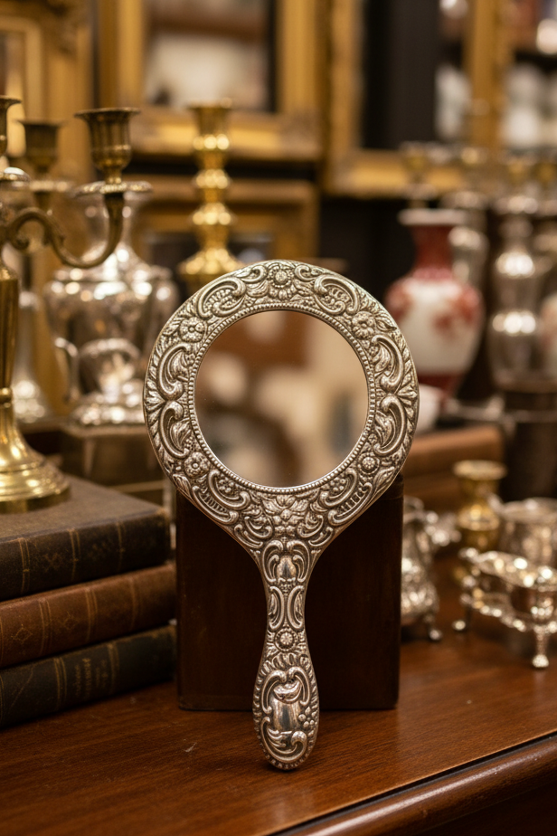 Decorative hand mirror with intricate designs on a wooden surface.