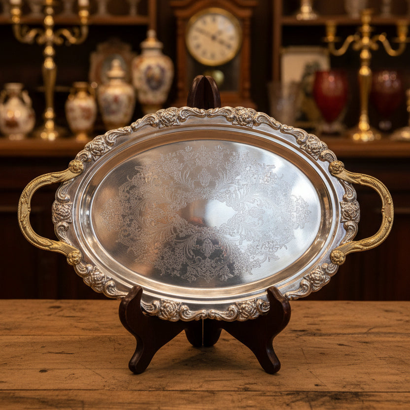 Silver decorative tray on a green fabric background