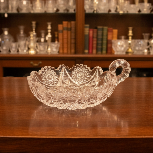 A small clear glass or crystal dish with a decorative cut pattern and a small loop handle, placed on draped green fabric.