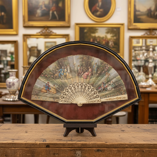A decorative folding fan with a multicolor classical painting print and a reddish-brown frame, displayed against a draped dark green fabric backdrop.