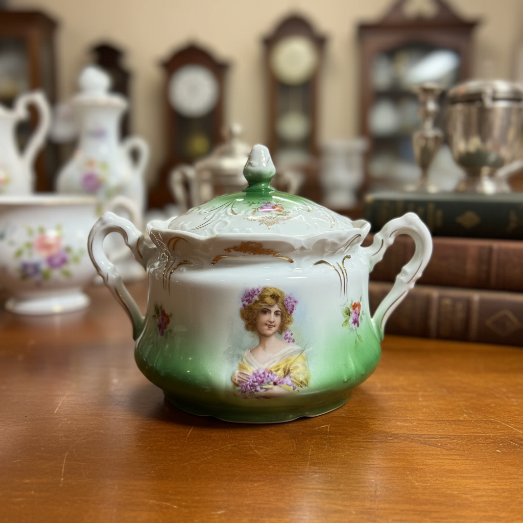 Antique German Portrait Sugar Bowl