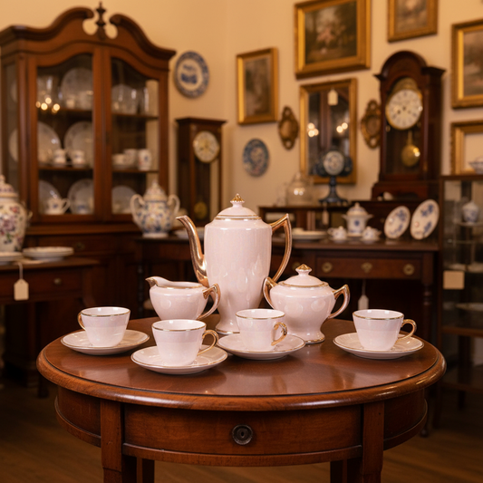 A light pink ceramic tea or coffee set with gold trim, including a teapot, sugar bowl, creamer, and four teacups with saucers, arranged on a dark green draped fabric background.