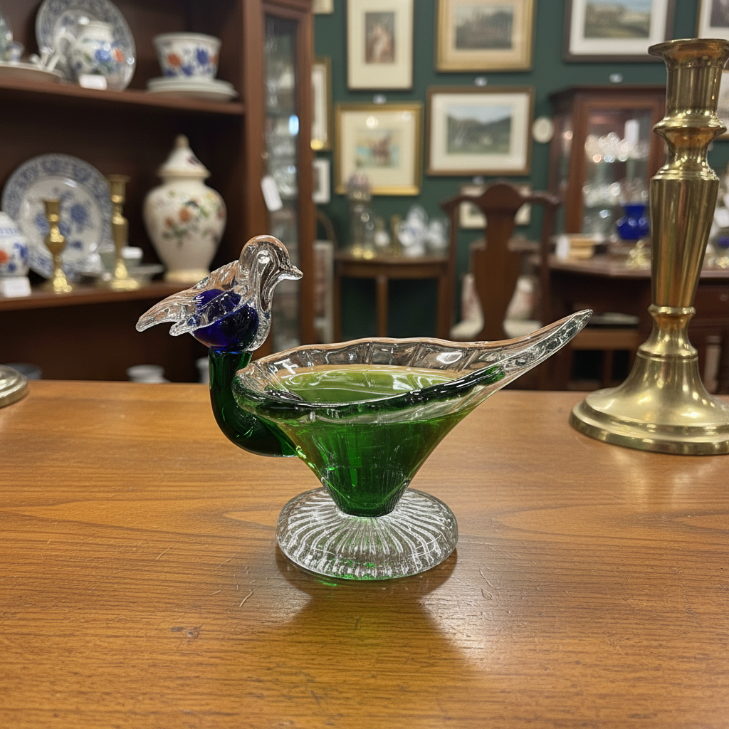 Murano-Style Green Art Glass Bird Dish