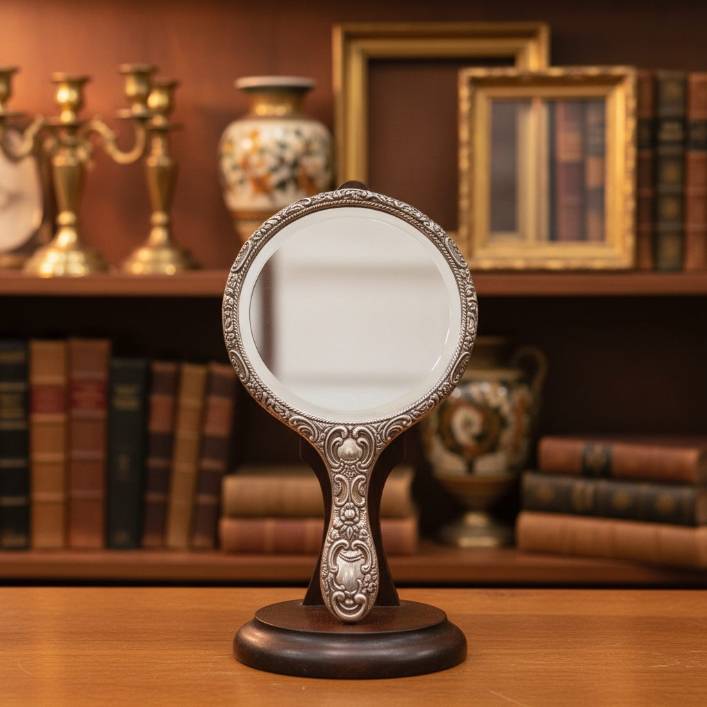 An ornate silver hand mirror with a decorative handle and small decorative finials on the top, resting on a draped dark green satin fabric background.
