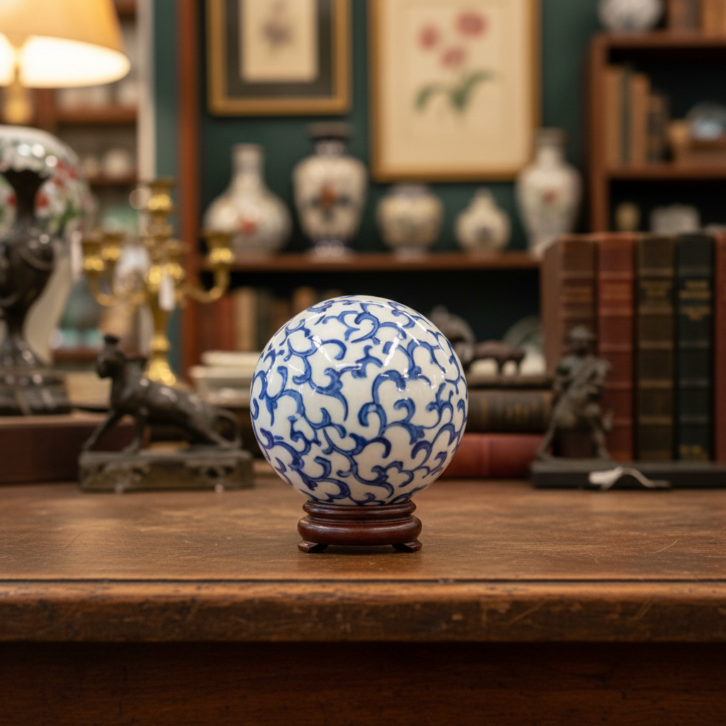 A small round decorative ball with a blue and white floral pattern, placed on draped dark green fabric.