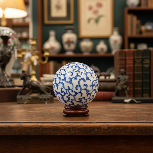 A small round decorative ball with a blue and white floral pattern, placed on draped dark green fabric.