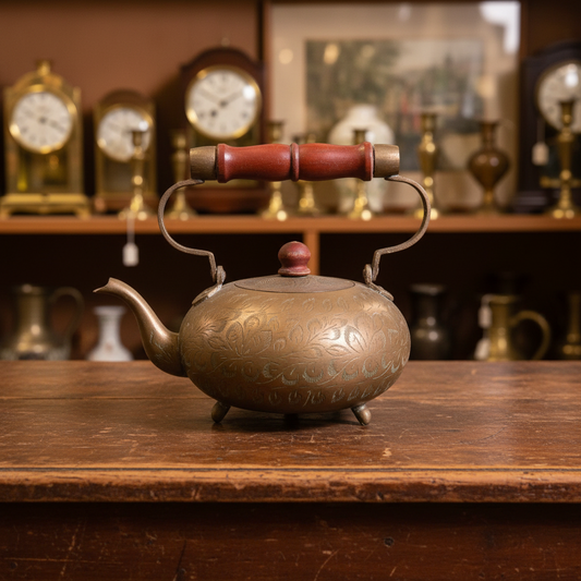 A vintage copper-colored teapot with a red wooden handle and lid knob, resting on a dark gray fabric backdrop.