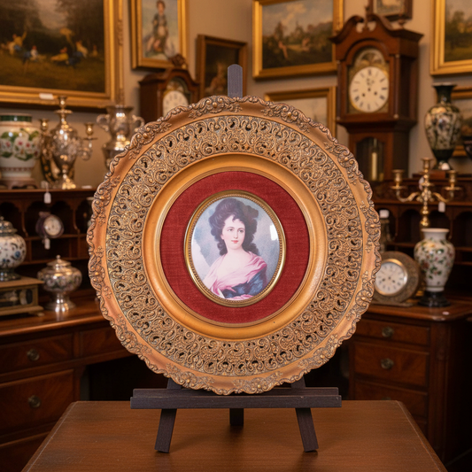 An ornate oval wooden frame with intricate carvings, featuring a red mat and a miniature portrait of a woman in the center, displayed against a draped dark green fabric backdrop.