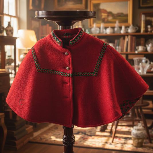 A bright red fleece cape with black and green geometric embroidered trim, displayed on a dark wooden dress form stand.