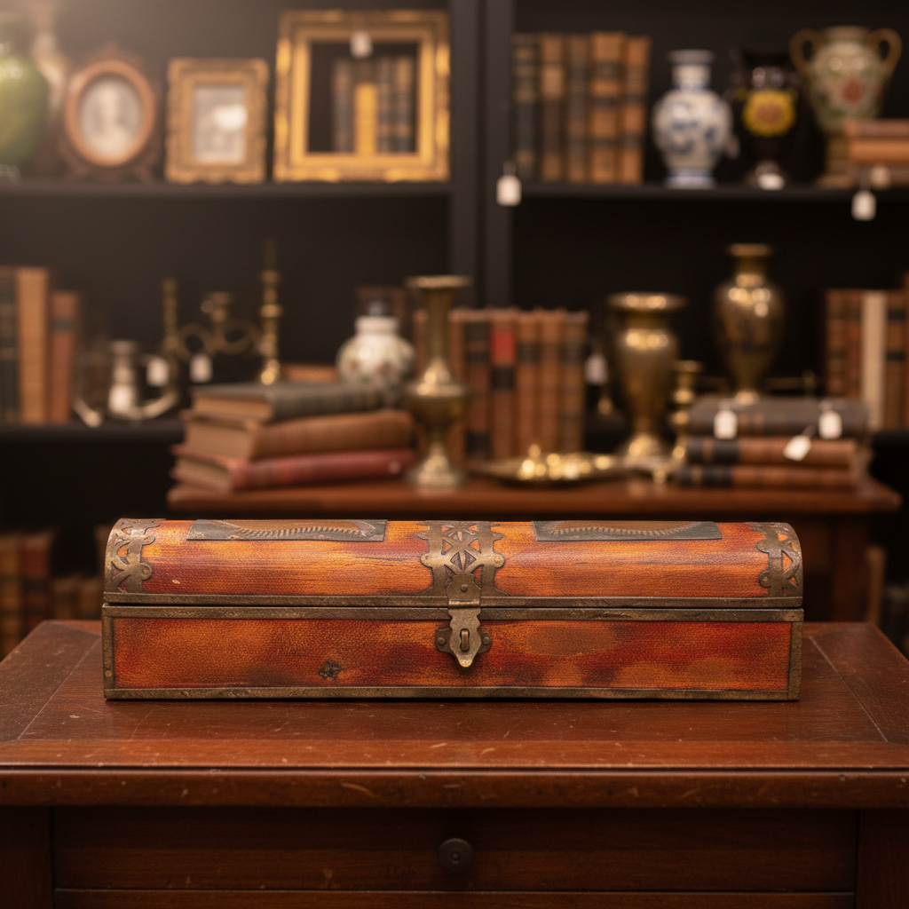 A long, narrow rectangular wooden box with a reddish-orange finish and dark painted trim, photographed on draped dark green fabric.