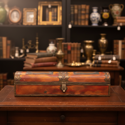 A long, narrow rectangular wooden box with a reddish-orange finish and dark painted trim, photographed on draped dark green fabric.