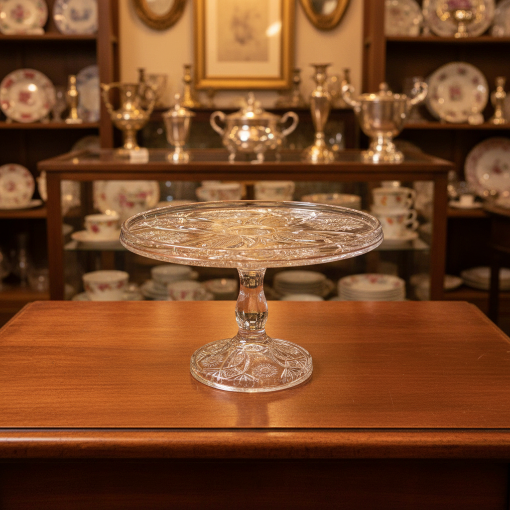 A clear cut-glass pedestal cake stand with an ornate floral pattern, set against a draped sage green fabric backdrop.