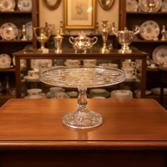 A clear cut-glass pedestal cake stand with an ornate floral pattern, set against a draped sage green fabric backdrop.