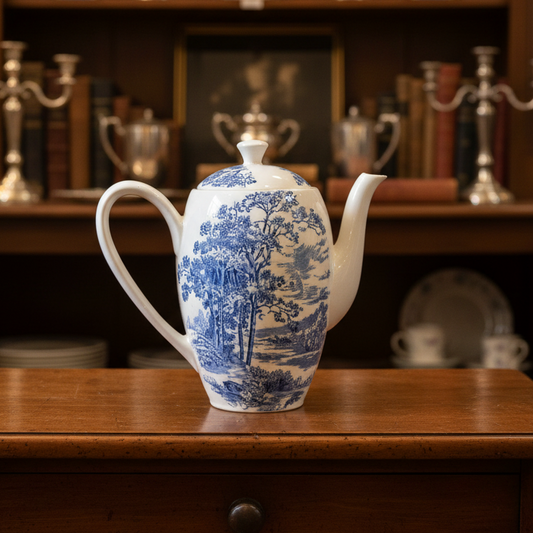 A white ceramic teapot with a blue landscape toile pattern, set against a draped dark green fabric background.