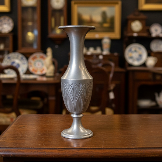 A silver metal candlestick holder with a flared top and decorative etched pattern on the lower half, set against a draped green fabric backdrop.