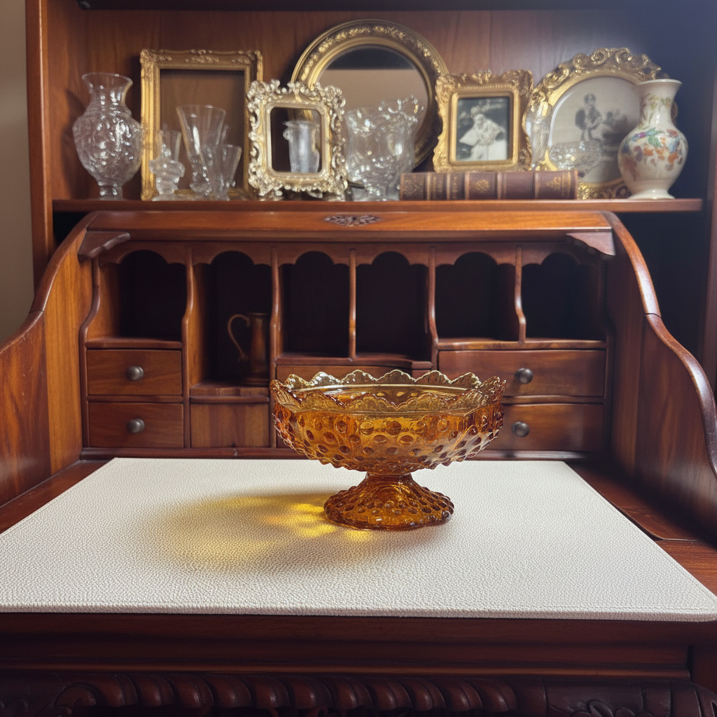 An amber glass pedestal bowl with a textured, dimpled surface sits on a white textured mat in front of a dark wood secretary desk. The background is a matching wooden cabinet shelf decorated with various glass vases, picture frames, and books.