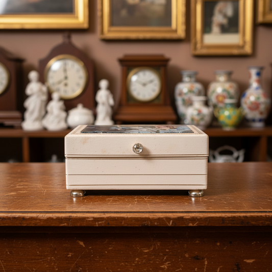 A small rectangular pink keepsake box or jewelry box with a decorative illustrated lid, photographed on draped dark green fabric.