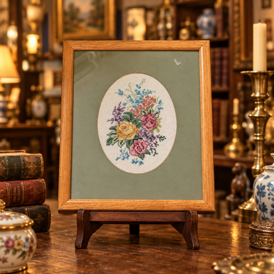 Framed Floral Cross-Stitch Embroidery