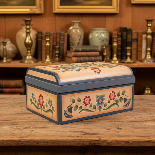 A rectangular wooden storage box with a floral hand-painted design, resting on a white folding table draped with a dark green fabric backdrop.