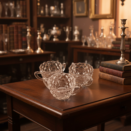 Three clear glass cups with textured, faceted patterns and small handles, arranged on a draped sage green fabric background.