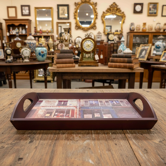 A rectangular wooden serving tray with rounded handles and a printed multicolor scene on the top, displayed on draped green fabric over a white table.